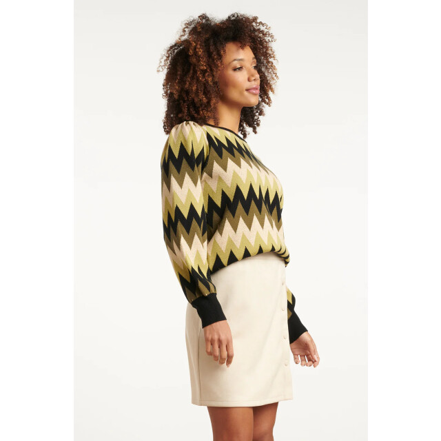 Smashed Lemon Army en zand zigzag gebreide dames top met ronde hals | 8720331371083 large