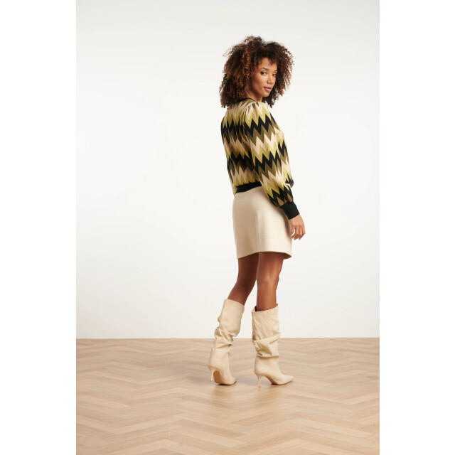Smashed Lemon Army en zand zigzag gebreide dames top met ronde hals | 8720331371083 large