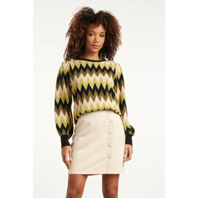 Smashed Lemon Army en zand zigzag gebreide dames top met ronde hals | 8720331371083 large