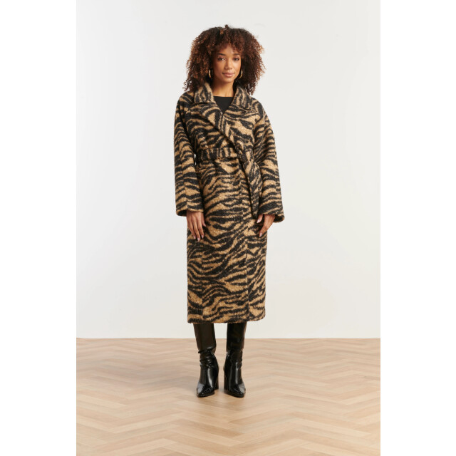 Smashed Lemon Lange bouclé jas met zebraprint in camel en zwart | 8720331373001 large