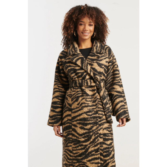Smashed Lemon Lange bouclé jas met zebraprint in camel en zwart | 8720331373001 large