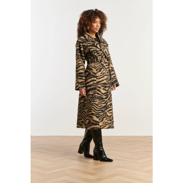 Smashed Lemon Lange bouclé jas met zebraprint in camel en zwart | 8720331373001 large