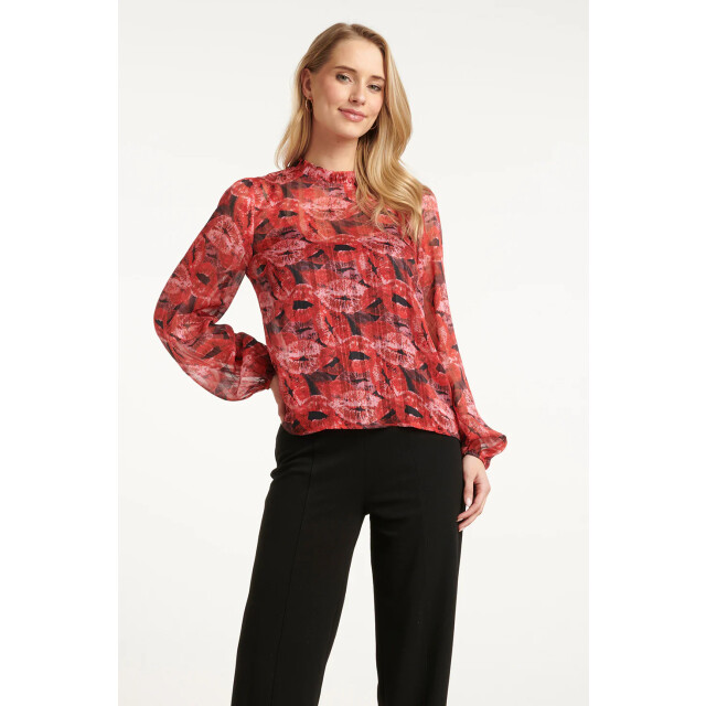 Smashed Lemon Lippenprint chiffon top in rood en zwart | 8720331377603 large