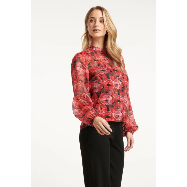 Smashed Lemon Lippenprint chiffon top in rood en zwart | 8720331377603 large