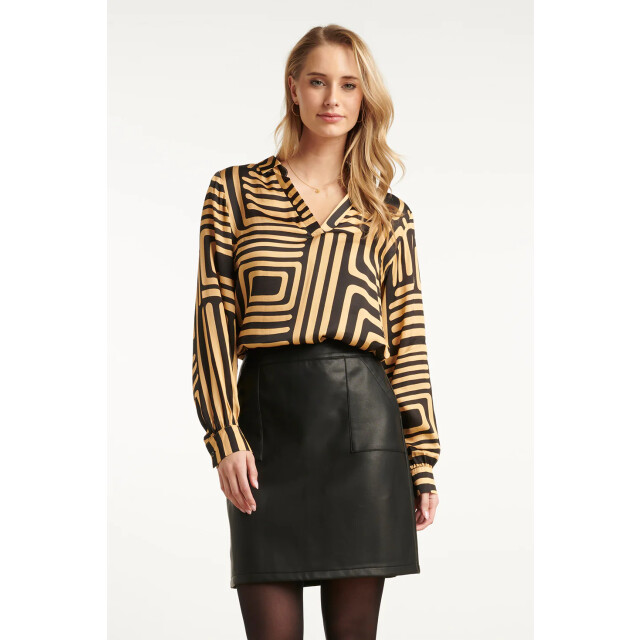 Smashed Lemon Zwart en goud grafische geprint top met kraag | 8720331376880 large