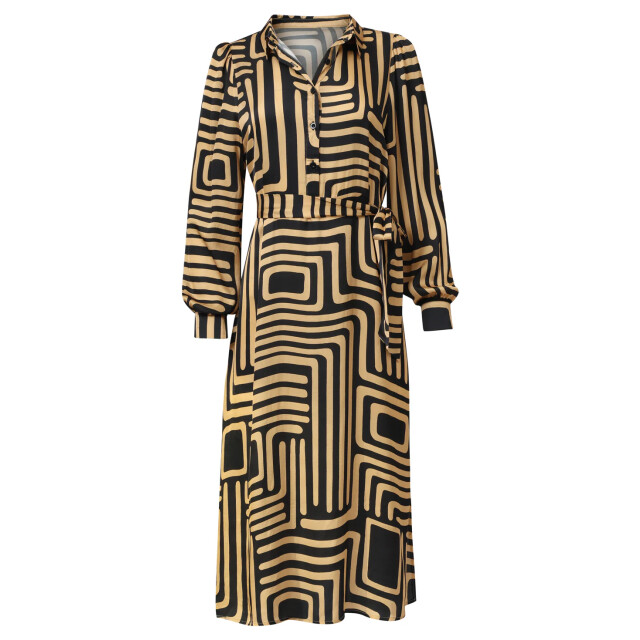 Smashed Lemon Zwart en goud grafische geprint midi jurk met kraag | 25578-999-735 large Smashed Lemon Zwart en goud grafische geprint midi jurk met kraag | 25578-999-735 large