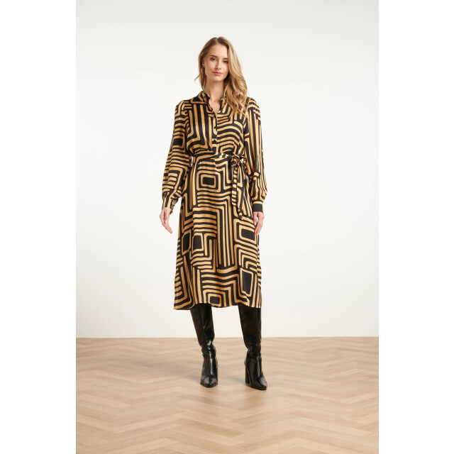 Smashed Lemon Zwart en goud grafische geprint midi jurk met kraag | 25578-999-735 large Smashed Lemon Zwart en goud grafische geprint midi jurk met kraag | 25578-999-735 large