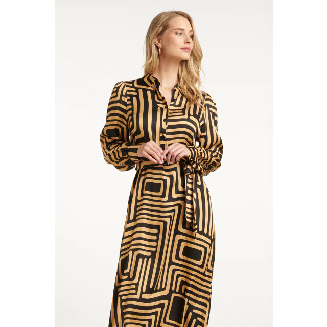 Smashed Lemon Zwart en goud grafische geprint midi jurk met kraag | 25578-999-735 large Smashed Lemon Zwart en goud grafische geprint midi jurk met kraag | 25578-999-735 large