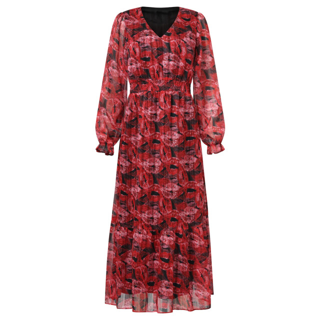Smashed Lemon Lippenprint chiffon maxi jurk in rood en zwart | 25589-450-999 large Smashed Lemon Lippenprint chiffon maxi jurk in rood en zwart | 25589-450-999 large