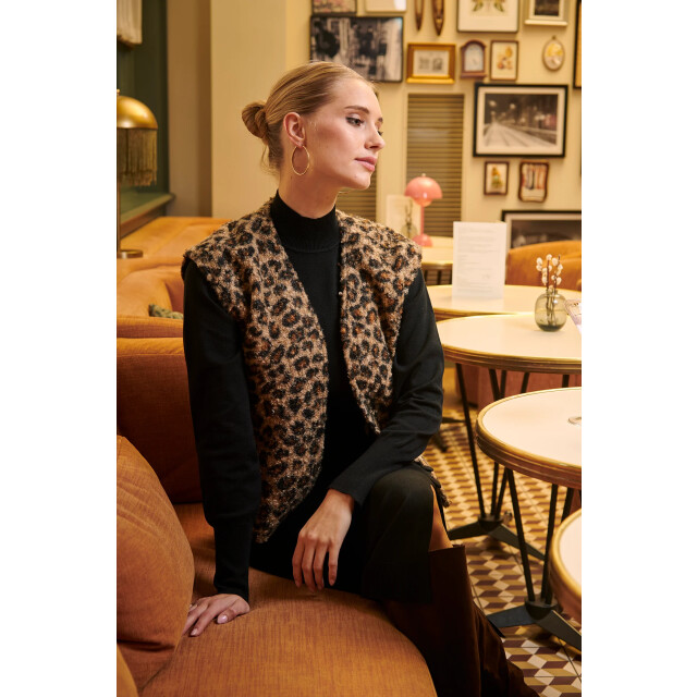 Smashed Lemon Bouclé gilet met dierenprint in camel en zwart | 25543-735-999 large Smashed Lemon Bouclé gilet met dierenprint in camel en zwart | 25543-735-999 large