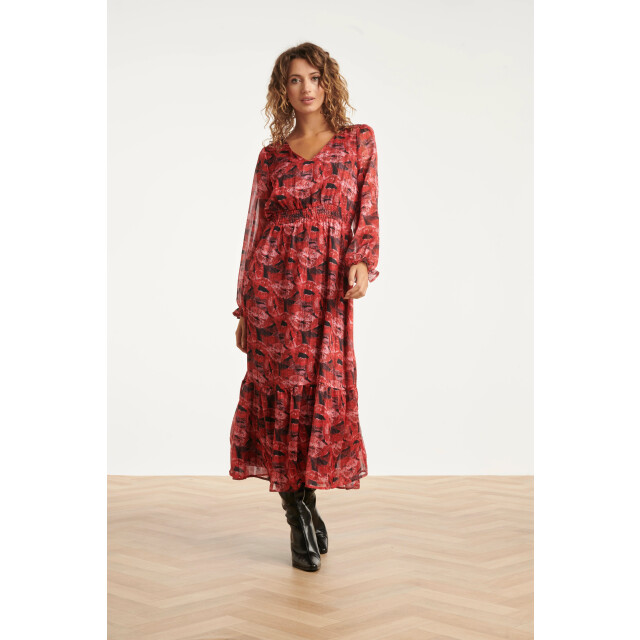 Smashed Lemon Lippenprint chiffon maxi jurk in rood en zwart | 25589-450-999 large Smashed Lemon Lippenprint chiffon maxi jurk in rood en zwart | 25589-450-999 large
