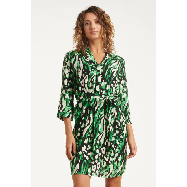 Smashed Lemon Groen en zwart dierenprint jurk met v-hals en kraag | 25679-999-530 large Smashed Lemon Groen en zwart dierenprint jurk met v-hals en kraag | 25679-999-530 large