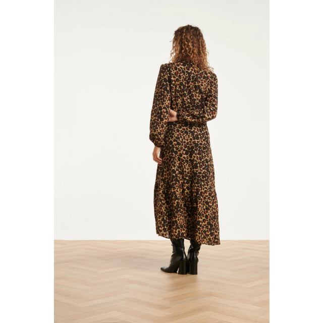 Smashed Lemon Chiffon dierenprint jurk met pofmouwen en v-hals in camel en bruin | 25561-735-775 large