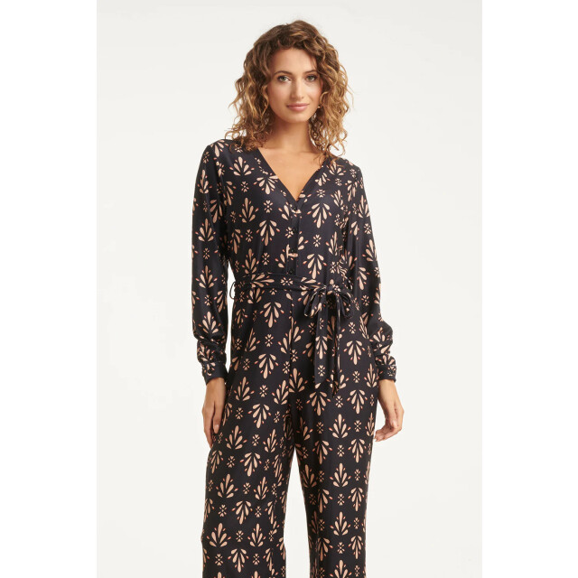 Smashed Lemon Stretchstof ornament geprint jumpsuit in zwart en camel | 8720331378334 large