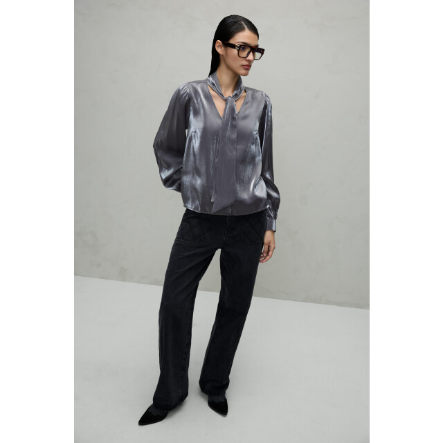 Vila viessa v neck tie l/s shimmer shirt 14110789 silver 06615.915.0015 large