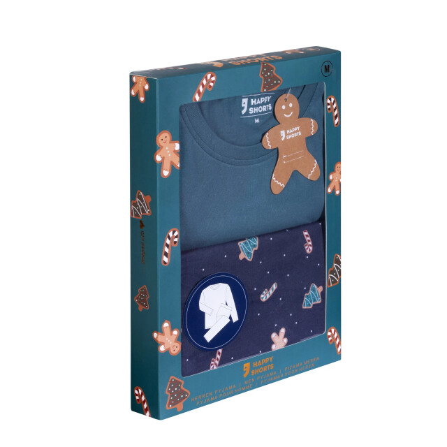 Happy Shorts Heren kerst pyjama set shirt + broek giftbox groen/blauw kerstprint HS-1274 large