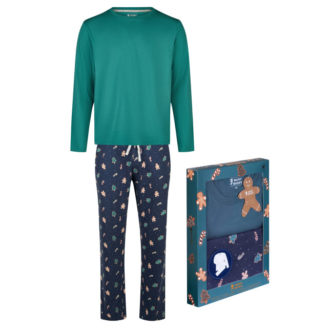 Happy Shorts Heren kerst pyjama set shirt + broek giftbox groen/blauw kerstprint HS-1274 large