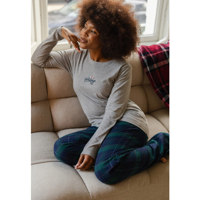 Happy Shorts Dames kerst pyjama set shirt + broek giftbox grijs/groen geruit flanel HS-1273 large