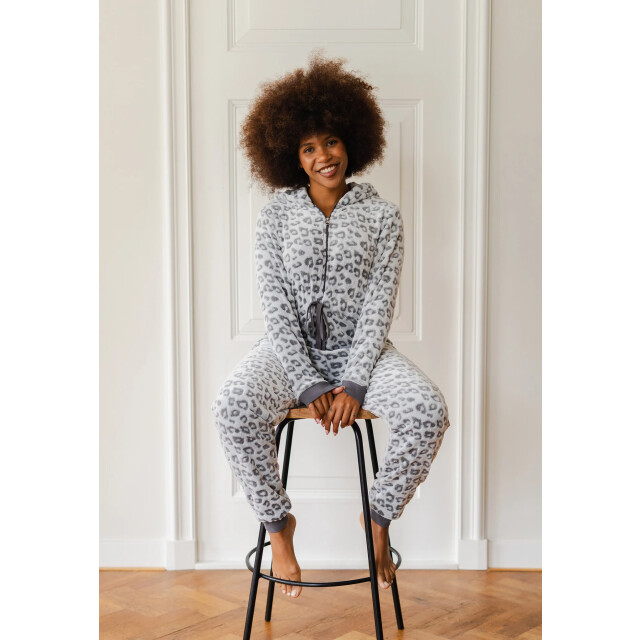 By Louise Dames huispak onesie fleece grijs panterprint BL-6078-02 large