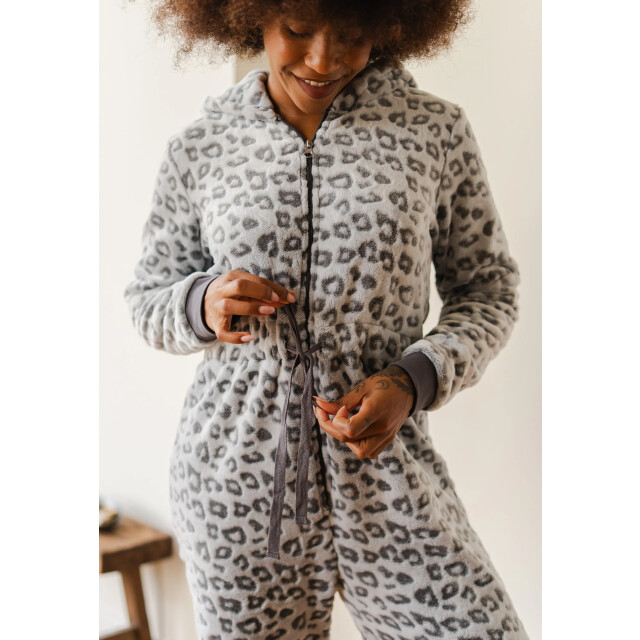 By Louise Dames huispak onesie fleece grijs panterprint BL-6078-02 large