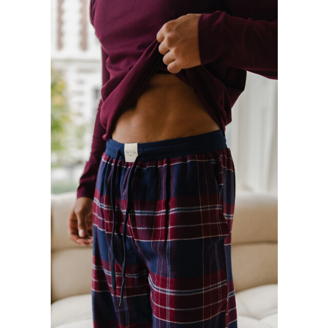 Phil & Co Lange heren pyjama set met flanellen pyjamabroek bordeaux rood/blauw PH-6144-02 large