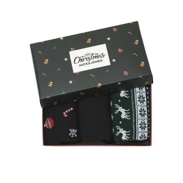 Jack & Jones Heren kerst sokken jacmistletoe giftbox 3-pack zwart/donkergroen 12285128 large