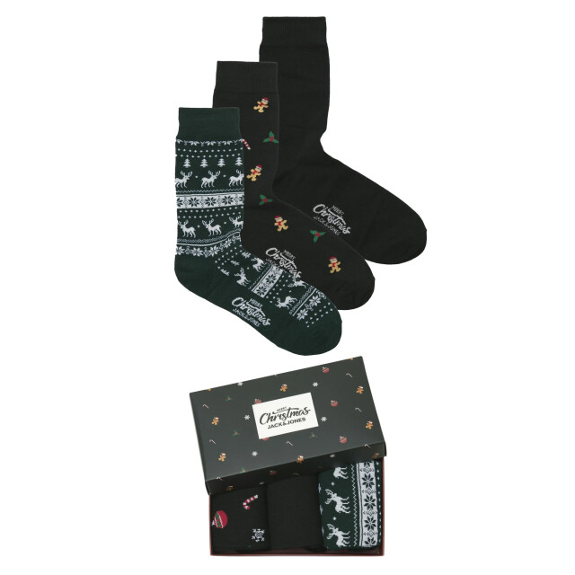 Jack & Jones Heren kerst sokken jacmistletoe giftbox 3-pack zwart/donkergroen 12285128 large