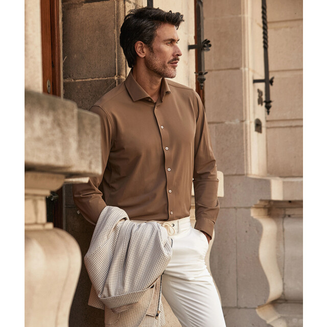 Blue Industry Het uni stretch overhemd | 6004.52-SEPIA large