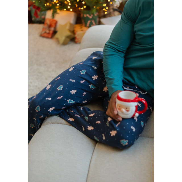 Happy Shorts Heren kerst pyjama set shirt + broek groen/donkerblauw gingerbread print HS-1208-HSM-25-7 large