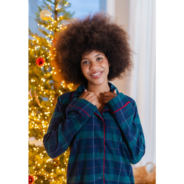 Happy Shorts Dames nachthemd lange mouw flanel donkerblauw/groen geruit HS-1205-HSW-25-14 large