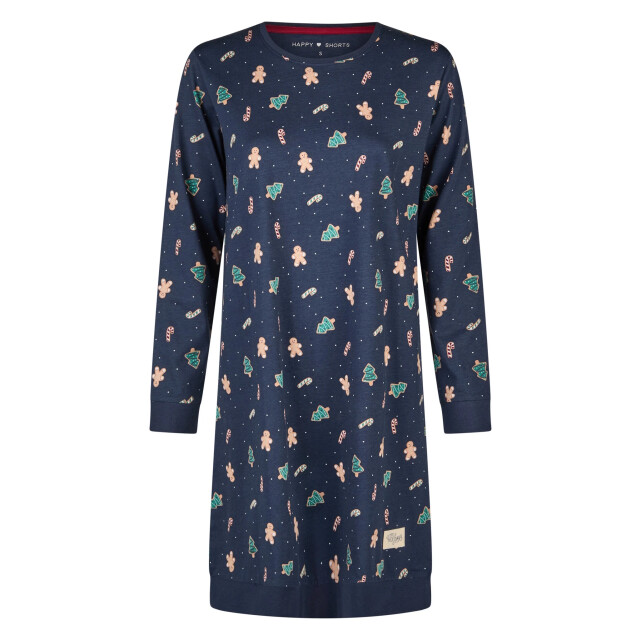 Happy Shorts Dames kerst nachthemd lange mouw donkerblauw gingerbread HS-1204-navy large
