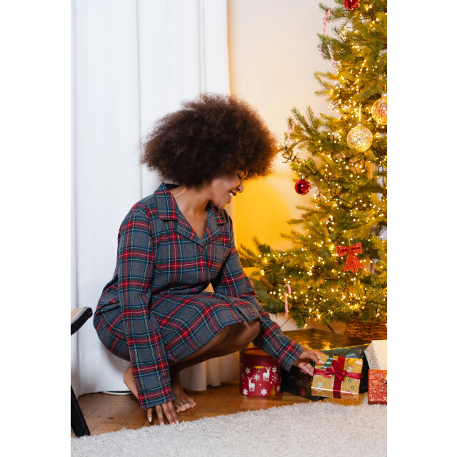 Happy Shorts Dames nachthemd lange mouw flanel rood/grijs geruit HS-1205-HSW-25-15 large