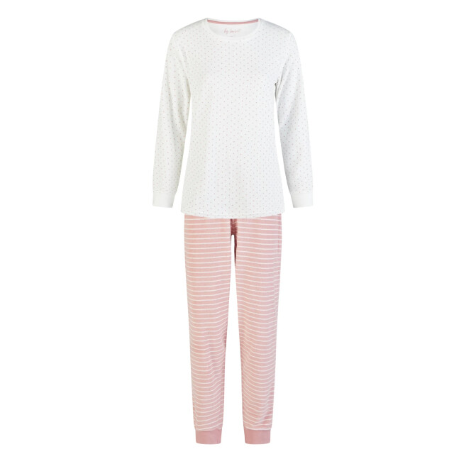 By Louise Dames winter pyjama set lang badstof wit/roze gestreept BL-6155-02 large