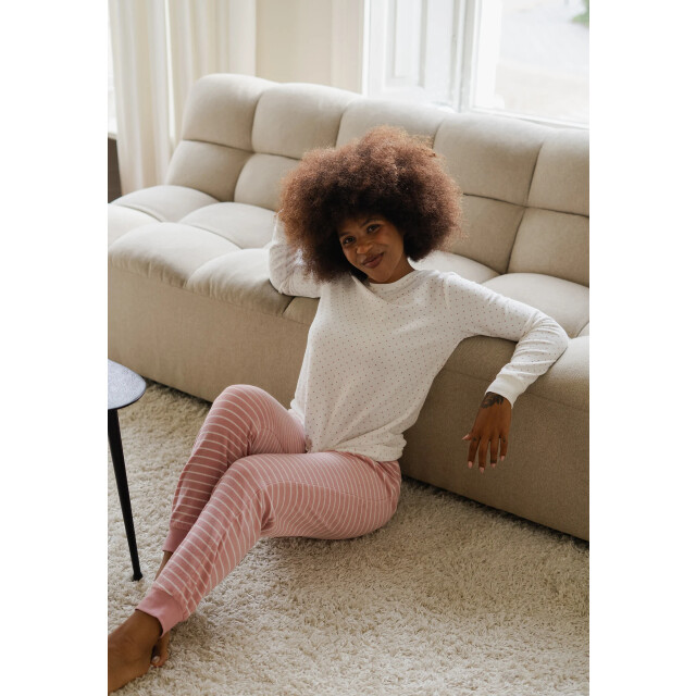 By Louise Dames winter pyjama set lang badstof wit/roze gestreept BL-6155-02 large