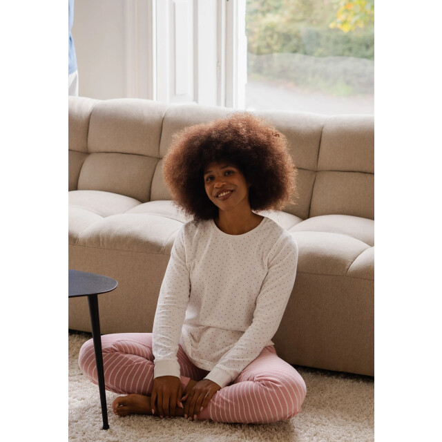 By Louise Dames winter pyjama set lang badstof wit/roze gestreept BL-6155-02 large