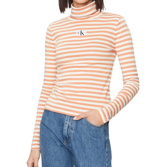 Calvin Klein Dames gestreepte schildpad hals sweater top UTNA535_beigeorange large