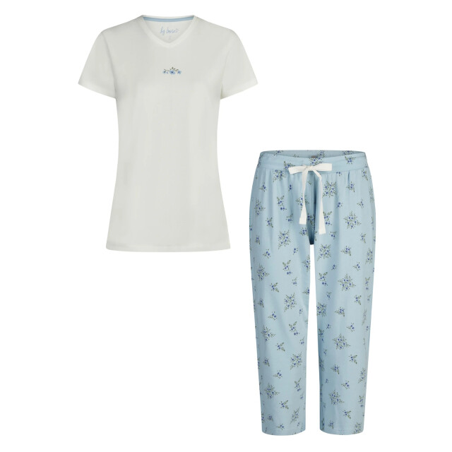 By Louise Dames capri pyjama driekwart broek v-hals wit/blauw gebloemd BL-6234-02 large