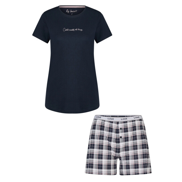 By Louise Dames korte pyjama set shortama donkerblauw effen/geruit BL-6216-02 large