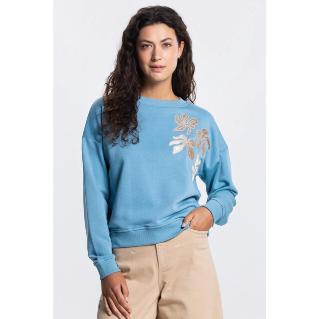 Jansen Amsterdam Maika sw 165 sweat long sleeve satin flowers embroidery 000750 aquamarijn SW 165 large