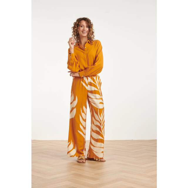 Smashed Lemon Wijde pantalon met botanische blad print oker geel | 8718679004961 large