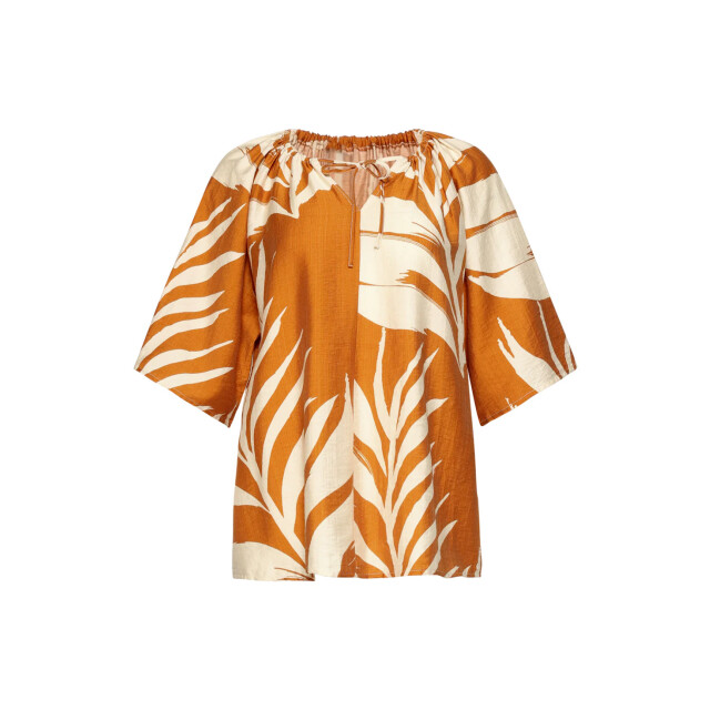Smashed Lemon Tuniek top met blad print en strikdetail in oker geel | 8718679005043 large
