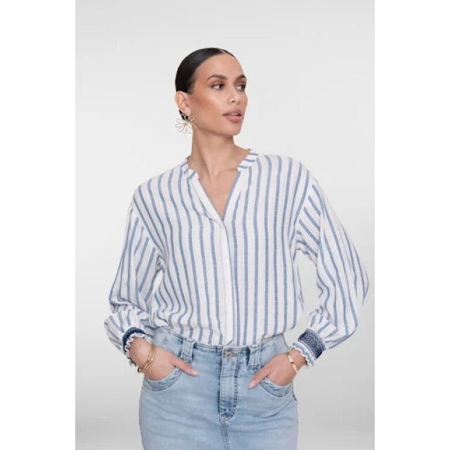 Geisha 63130-99 010 blouse striped embroiderd cuffs off-white/blue 63130-99 010 large