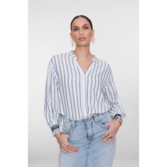 Geisha 63130-99 010 blouse striped embroiderd cuffs off-white/blue 63130-99 010 large