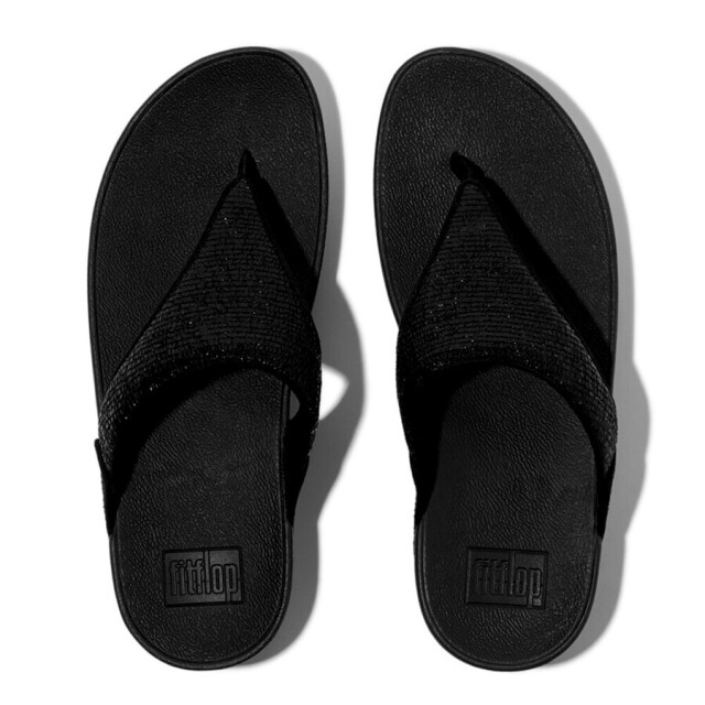 FitFlop Fitflop fitflop™ lulu crinkled-shimmer toe-post metallic black FitFlop FitFlop™ Lulu Crinkled-Shimmer Toe-Post Metallic Black large
