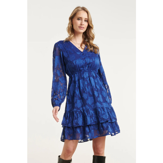 Smashed Lemon Blauwe jurk met bloemenstructuur en ruffle zoom | 8718679041195 large