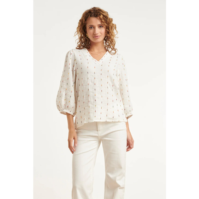 Smashed Lemon Witte blouse met subtiele multicolor details en v-hals | 8718679040952 large