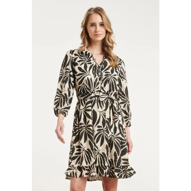 Smashed Lemon Zwart-beige bladerenprint jurk met ceintuur | 8718679040471 large