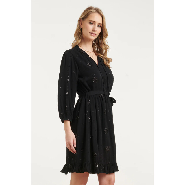 Smashed Lemon Zwarte midi jurk met subtiel goudkleurig bloem borduursel | 8718679040556 large