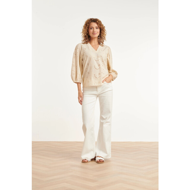Smashed Lemon Crème blouse met broderie details en lange mouwen | 8718679041034 large