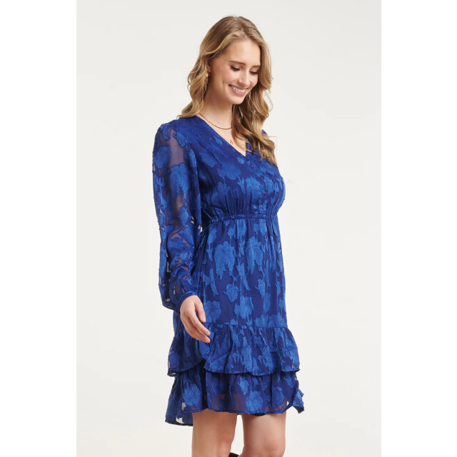 Smashed Lemon Blauwe jurk met bloemenstructuur en ruffle zoom | 8718679041195 large